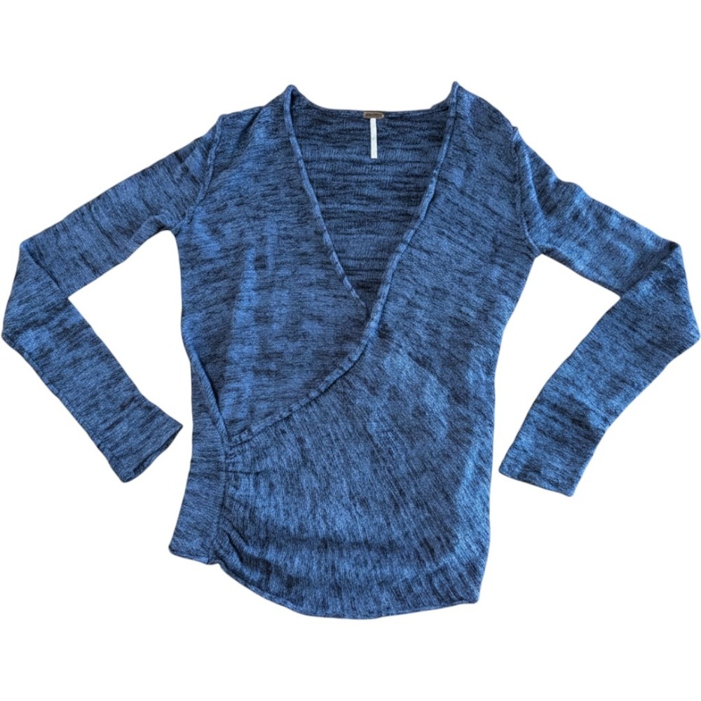 Free People Beach Blue Wrap Front Knit Top Size XS Boho Coastal